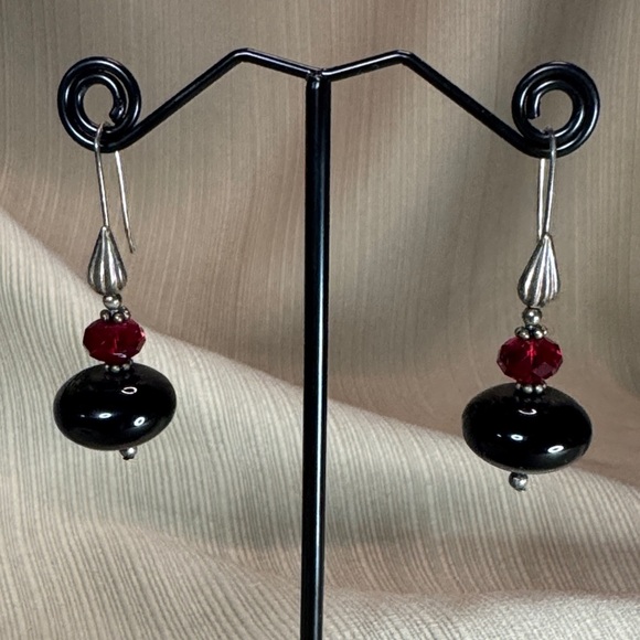 Jewelry - Chic Black Lampwork and Red Swarovski Crystal Beaded Earrings with Silver Accent